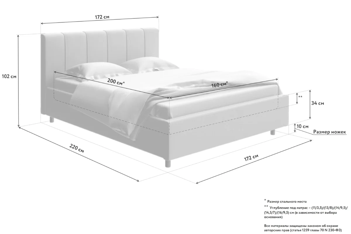 Эскиз с размерами кровати Орматек Nuvola 7, 160x200
